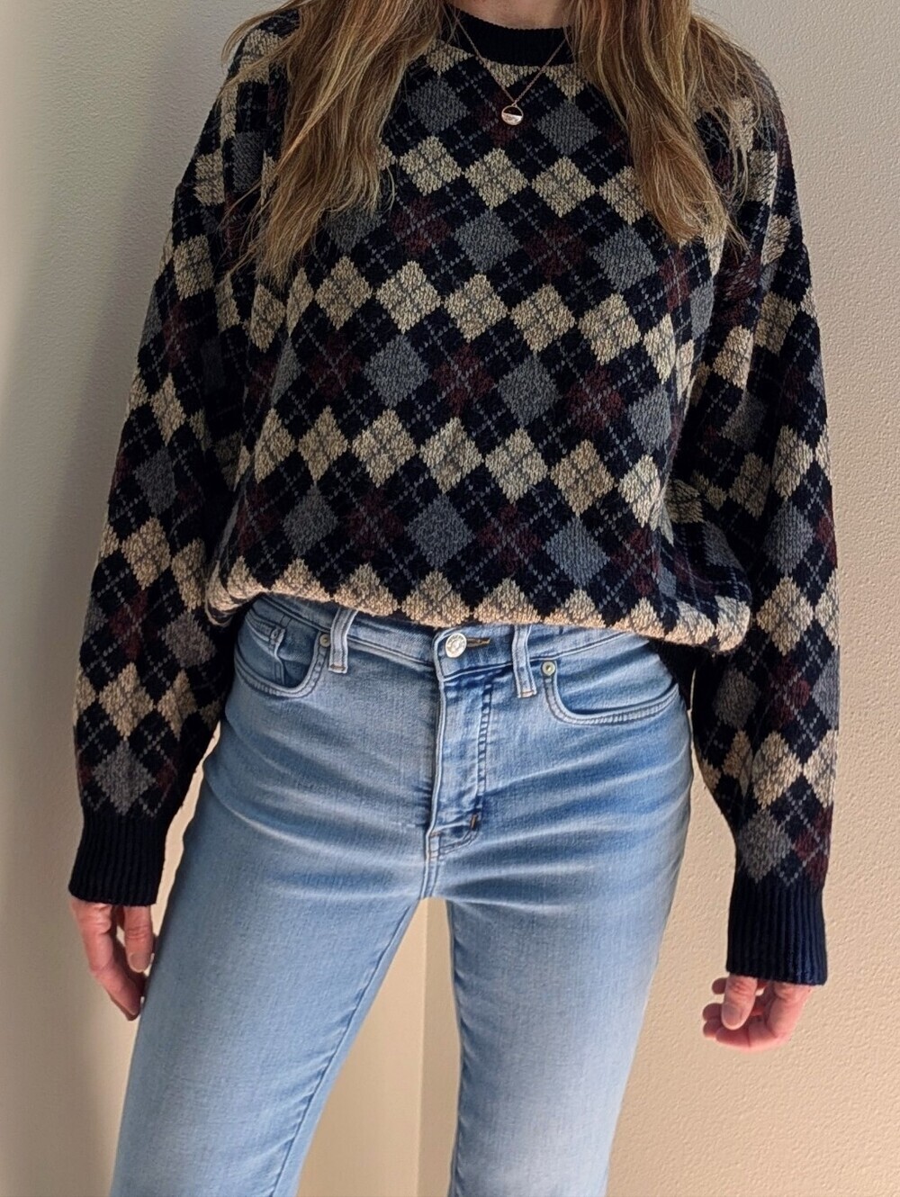 Vintage 90's Argyle Geometric Patterned Crewneck Sweater In Black/Burgundy